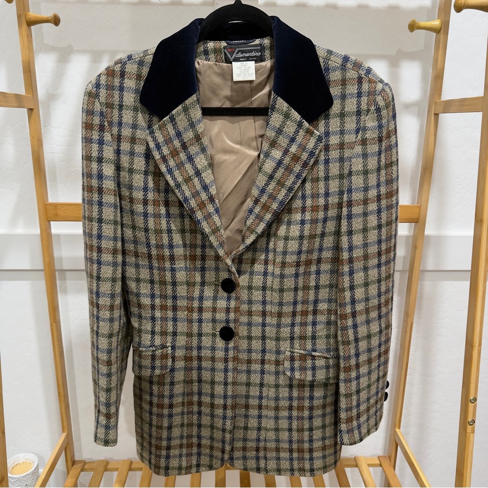 Vintage Wool Blend Women’s Checkered Blazer - Blue/Brown Miss V Clementino